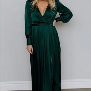 Baltic Born Green Satin Gown with Bishop Sleeves